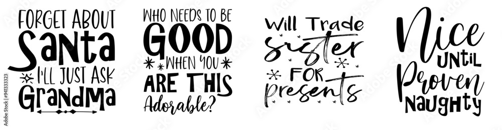 Simple Funny Christmas Calligraphy, Phrases Set Vector Illustration for Printable, Sticker, Newsletter