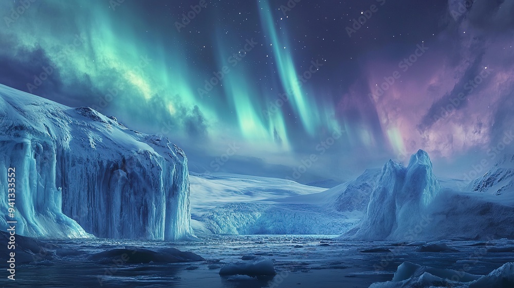 Fototapeta premium Beautiful northern lights, winter landscape with mountains, winter forest.
