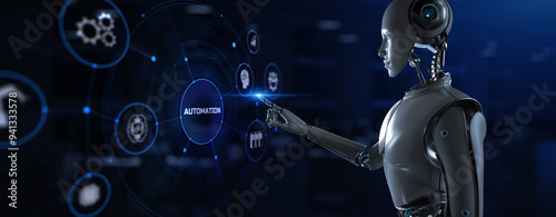 Robotic business process workflow Automation RPA. Robot pressing button on screen 3d render. photo