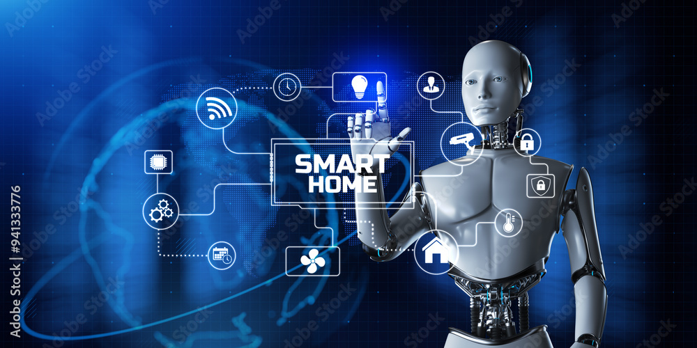 Naklejka premium Smart home automation technology. Robot pressing button on screen 3d render.