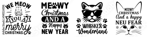 Elegant Christmas Cat Phrases, Hand Lettering Set Vector Illustration for Label, Poster, Greeting Card