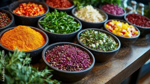 A selection of colorful plant-based ingredients, including fresh vegetables, herbs, and spices, laid out for a cooking session.