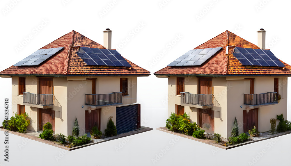 Set of 3D model of family house with solar panels on the roof on transparency Set of 3D model of family house with solar panels on the roof on transparency