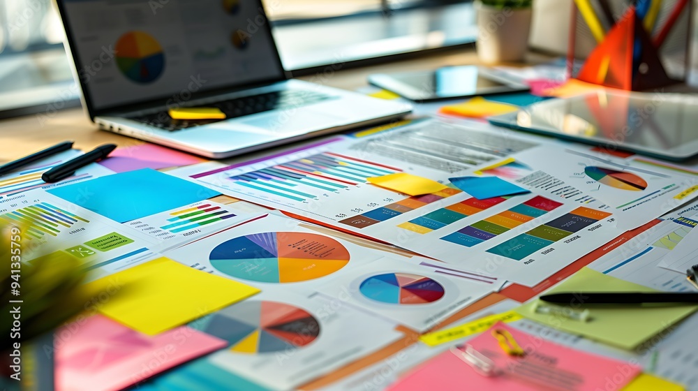Startup Business Plan Document with Colorful Charts and Creative Design in Bright Workspace Startup Business Plan Document with Colorful Charts and Creative Design in Bright Workspace