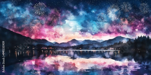 Happy New Year 2025 depicting colorful fireworks above a serene lake