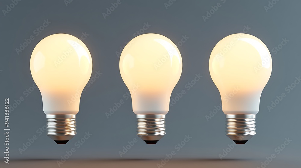 Three Illuminated Light Bulbs on Gray Background Three Illuminated Light Bulbs on Gray Background