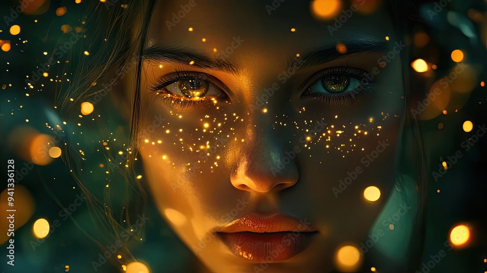 A mesmerizing close-up portrait of a woman with sparkling lights that highlight her captivating features and expressiveness. A mesmerizing close-up portrait of a woman with sparkling lights that highlight her captivating features and expressiveness.