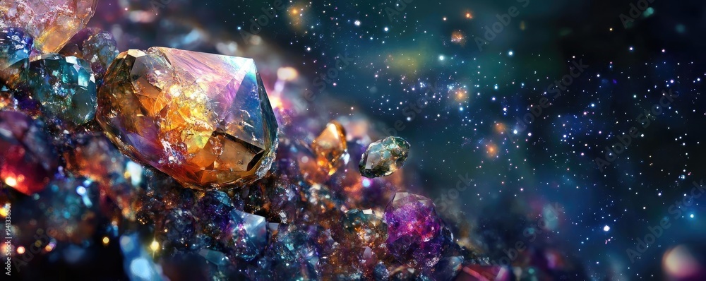 Fototapeta premium A vibrant collection of crystals and gemstones reflecting brilliant colors in a mystical, starry backdrop.