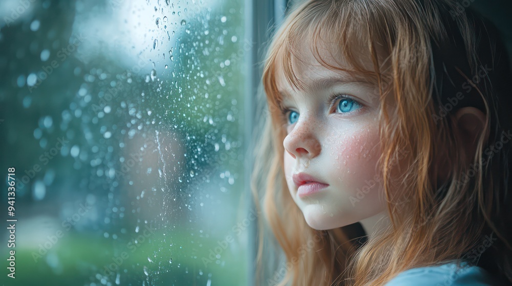 A young girl staring out the window on a rainy summer day, waiting for the weather to clear so she can go outside and play. A young girl staring out the window on a rainy summer day, waiting for the weather to clear so she can go outside and play.