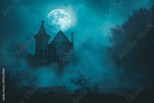 Haunted house or castle at full moon. Scary Halloween and horror concept. Dark landscape at night.