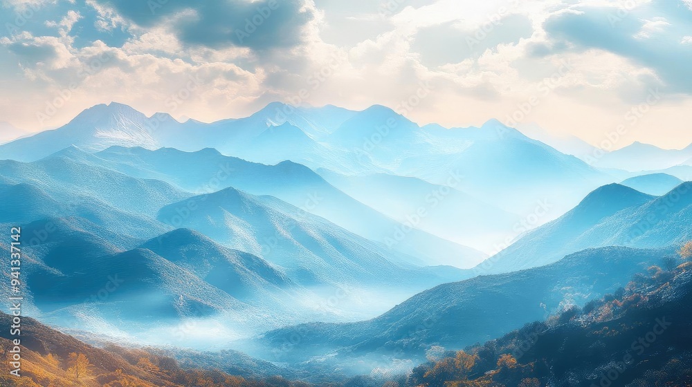 Tranquil mountain landscape with soft blue hues and fog, creating a serene and peaceful atmosphere in nature. Tranquil mountain landscape with soft blue hues and fog, creating a serene and peaceful atmosphere in nature.