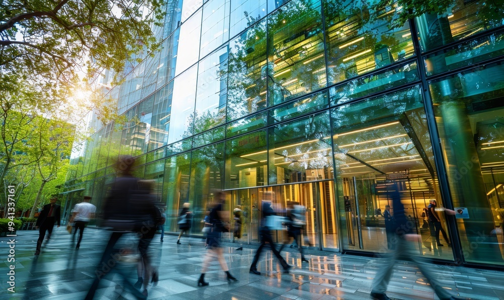 Glass office and working space with blurred people walking fast movement, Eco-friendly featuring sustainable building with green environment and trees, green environment in city Glass office and working space with blurred people walking fast movement, Eco-friendly featuring sustainable building with green environment and trees, green environment in city