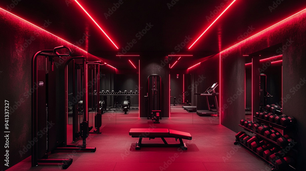 Naklejka premium luxury gym interior , artificial red lighting illuminating the room