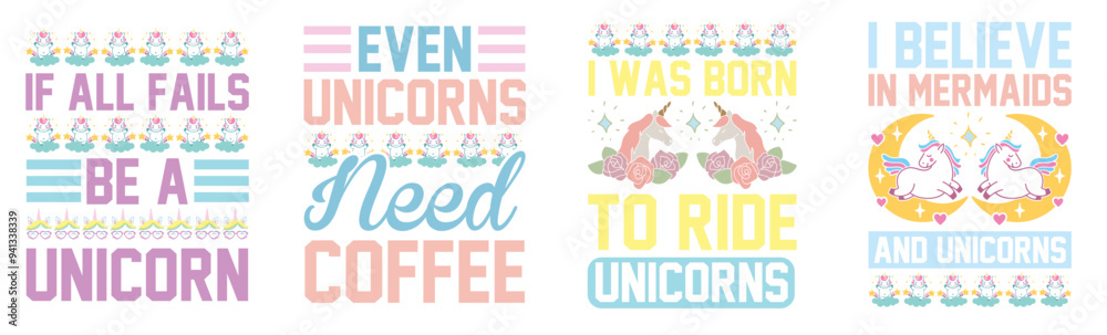 Simple Unicorn Typographic Emblems, Labels And Badges Set Vector Illustration for Bookmark, Decal, Announcement Simple Unicorn Typographic Emblems, Labels And Badges Set Vector Illustration for Bookmark, Decal, Announcement