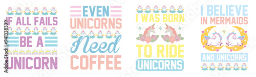 Simple Unicorn Typographic Emblems, Labels And Badges Set Vector Illustration for Bookmark, Decal, Announcement