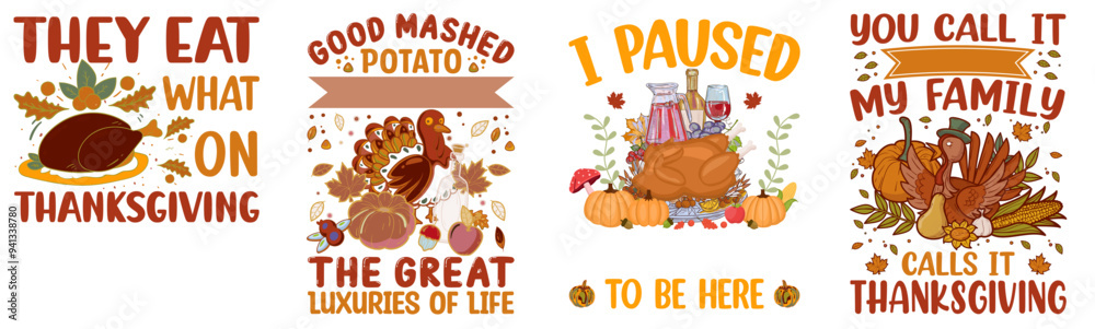 Fototapeta premium Colourful Thanksgiving Phrases, Calligraphic Lettering Bundle Vector Illustration for Magazine, Advertisement, Decal