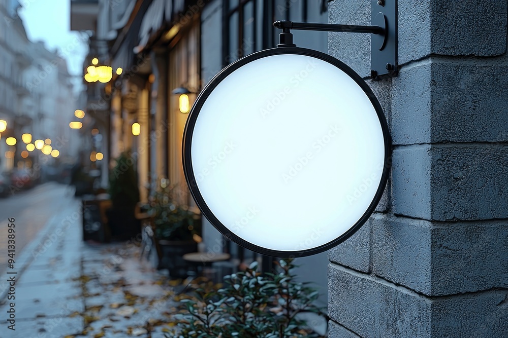 Blank Round Sign on Building Wall with Blurred City Background