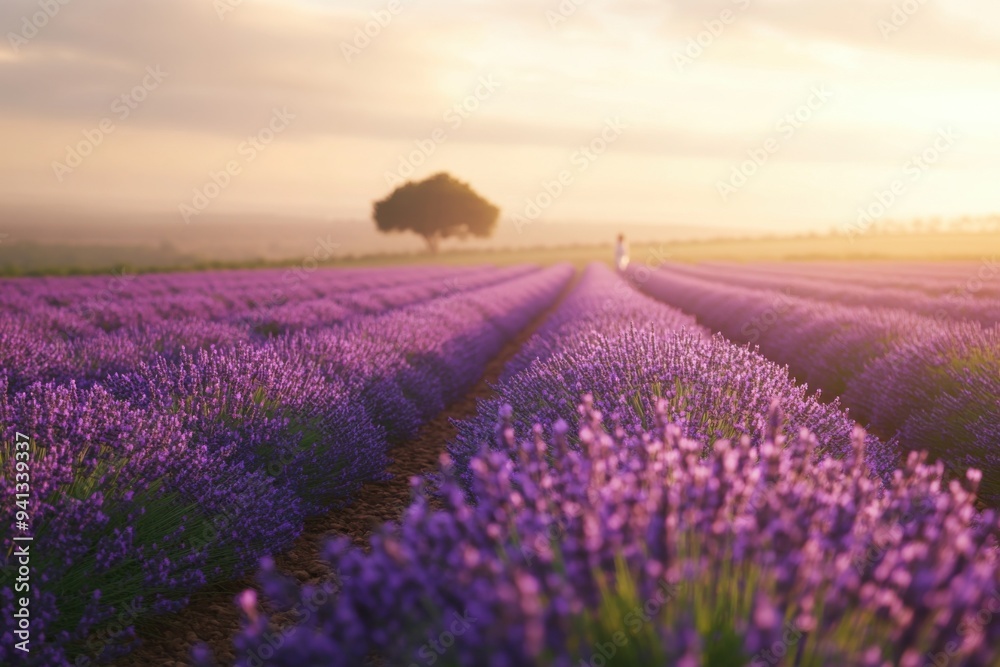 Obraz premium Lavender Field at Dusk with a Solitary Figure