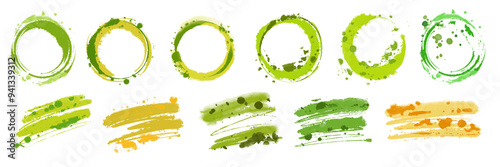 Green ink blob set, watercolor spot circle, grunge vector abstract organic splash stain collection. Brushstroke painting liquid silhouette, grunge paper inkblot, spray dripped wet background. Ink blob