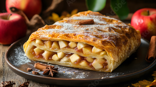 Traditional Austrian apple strudel pastry dessert served on wooden board