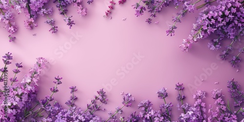 Lavender flowers on a pastel pink background, minimalistic floral arrangement. Free copy space for text.