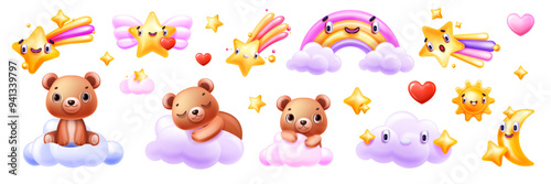 3D sleeping bear set, vector cute bedroom sticker, kawaii toy, falling star, rainbow, sun, moon. Baby sky night fantasy object collection, childish decorative cartoon icon. Fairy tale sleeping bear