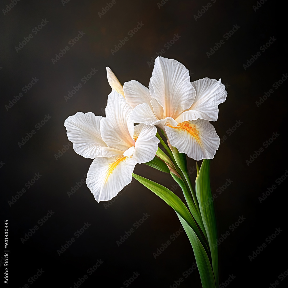 Fototapeta premium Two white flowers with yellow tips are standing upright on a dark background. The flowers are the main focus of the image, and their bright colors contrast with the dark background