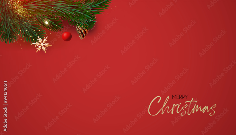 Christmas decoration with fir tree branches, balls and gold snowflakes. Happy New Year traditional design Christmas decoration with fir tree branches, balls and gold snowflakes. Happy New Year traditional design