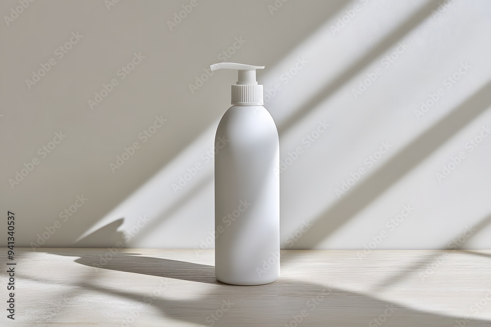 A mockup of an empty white facial cleansing bottle on a beige wooden table, set against a clean white background, emphasizing a minimalist and elegant presentation.......