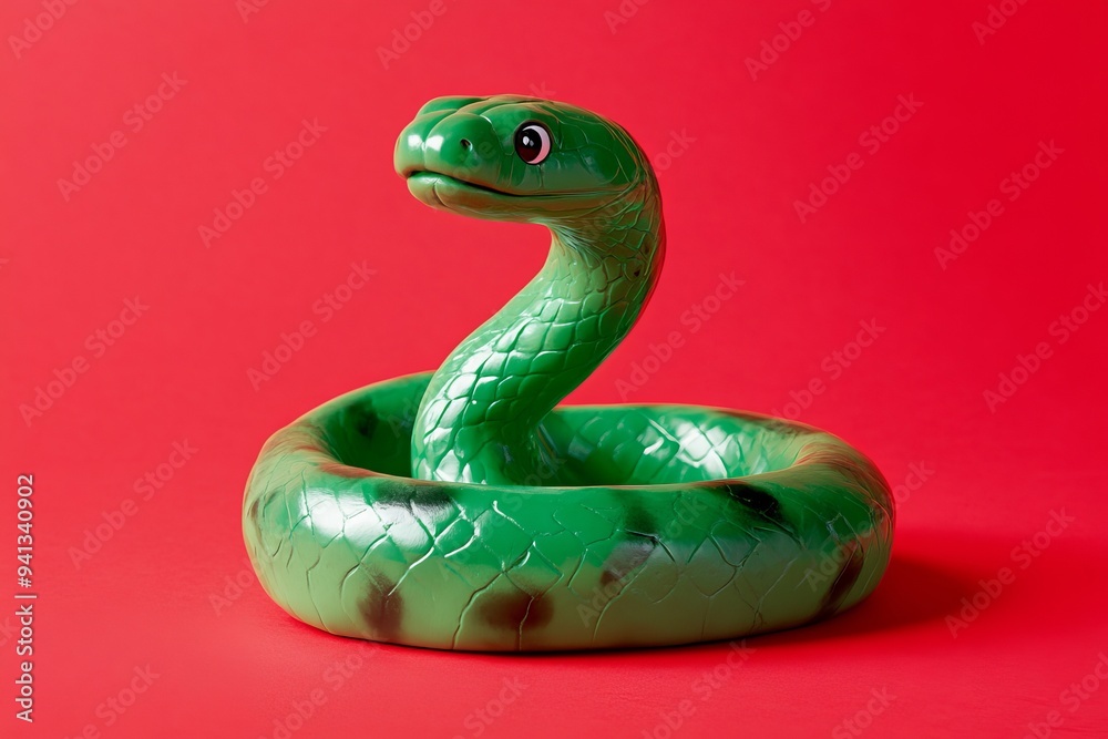 An emerald green snake on a peach background. New Year's 2025.