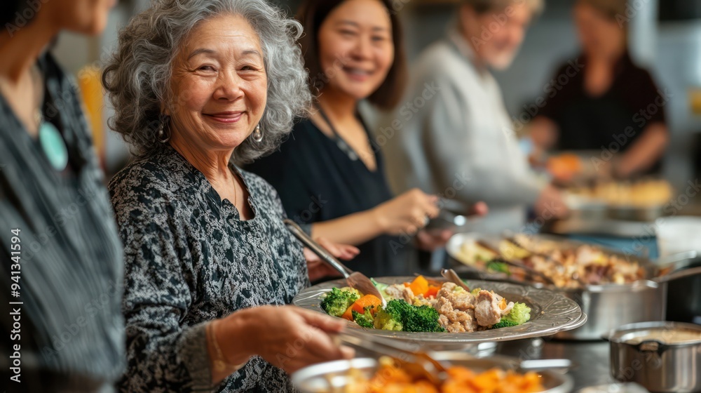 Baby Boomers enjoying a potluck dinner, each bringing a dish, showing the diversity of tastes and cultures in a supportive shared living environment. Baby Boomers enjoying a potluck dinner, each bringing a dish, showing the diversity of tastes and cultures in a supportive shared living environment.