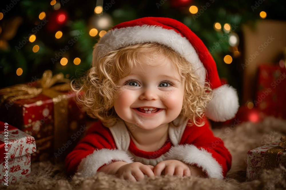Christmas tree lights glow behind a smiling kid in a Santa suit. Christmas tree lights glow behind a smiling kid in a Santa suit.
