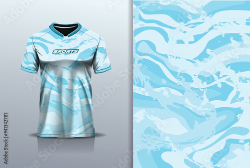 Sport jersey template mockup wave texture abstract design for football soccer, racing, running, e sports, blue color	