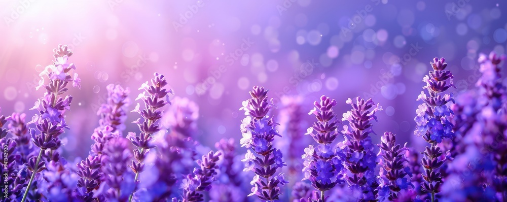Naklejka premium Lavender flowers on a pastel pink background, minimalistic floral arrangement. Free copy space for text.