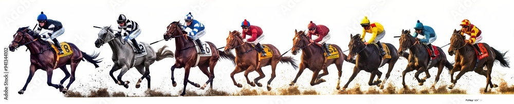 Obraz premium Riders, jockeys in vibrant gear running down the track, embodying thrill and prestige of the Melbourne Cup. Side view.