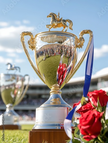 Prestigious Melbourne Cup trophy reflecting the excitement of the crowd, capturing the spirit of one of the world most famous horse racing events. photo