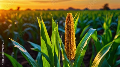 Golden Harvest: Close-Up of a Sunlit Ear of Corn with Warm Sunset Glow in the Background