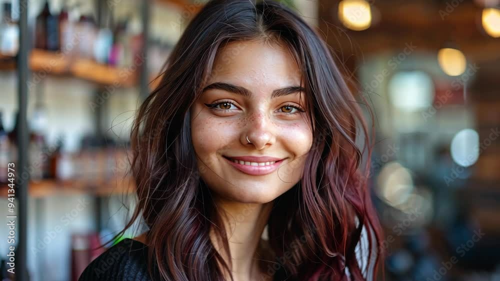 Young woman with long wavy brown hair and nose ring smiling at camera while standing in beauty salon with shelves of products in background Young woman with long wavy brown hair and nose ring smiling at camera while standing in beauty salon with shelves of products in background