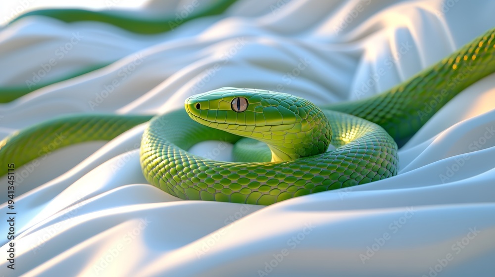 Fototapeta premium This image features a green snake slithering on a smooth surface, symbolizing Chinese New Year 2025.