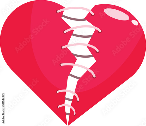 Red heart, broken in two, being sewn back together with white thread representing the concept of heartbreak and healing