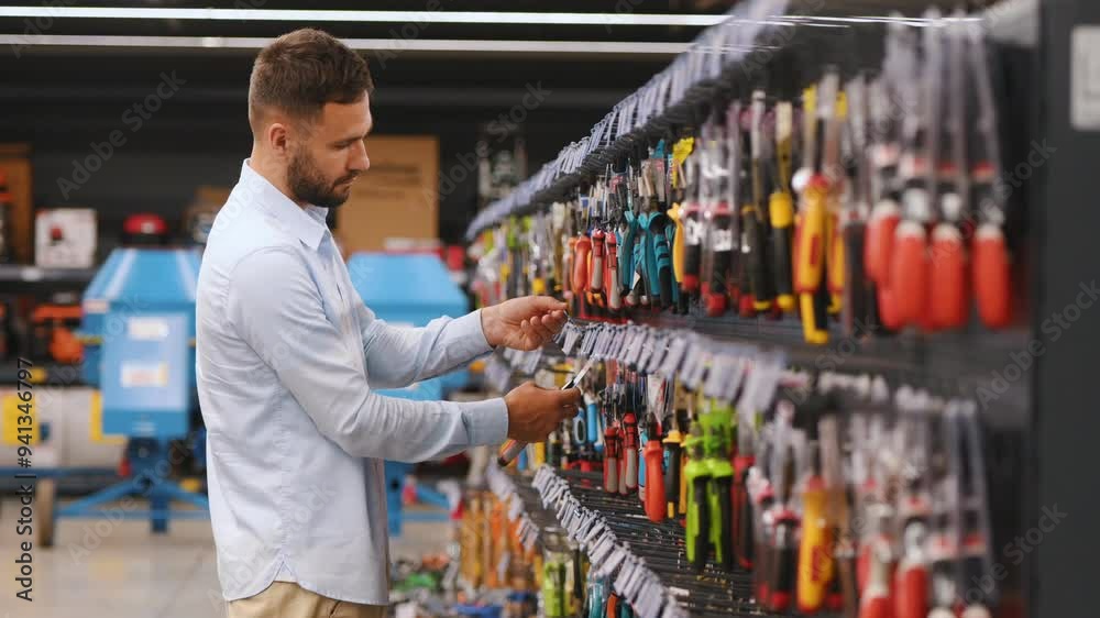 A customer in a hardware store chooses tools