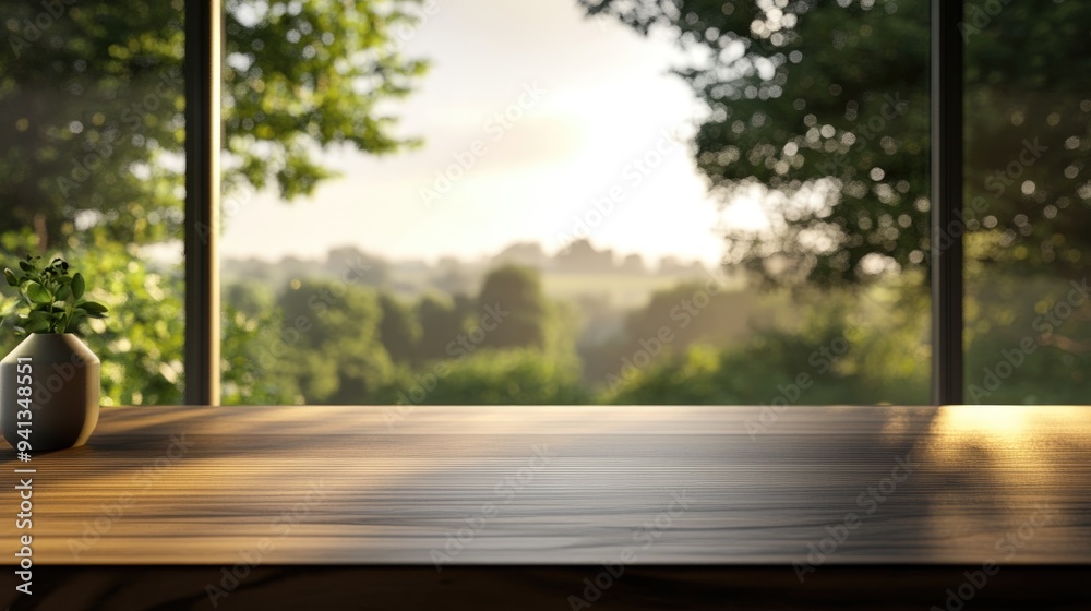 Fototapeta premium 3D rendering of a wooden worktop near a window showcasing a blurred landscape view