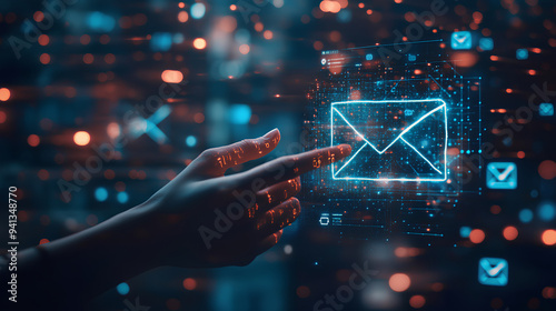 new email notification concept for business e-mail communication and digital marketing. inbox receive electronic message alert. business people's hand touch on email in virtual screen, internet techno