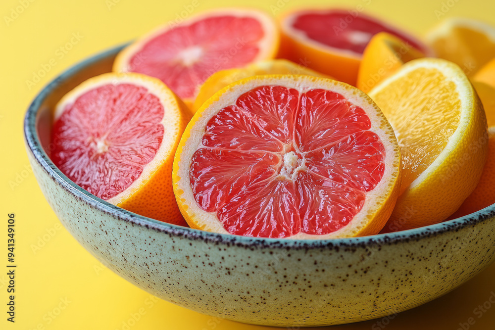 A bowl of freshly cut citrus fruits, isolated on a pastel yellow background, capturing the zesty elements of a detox diet, A bowl of freshly cut citrus fruits, isolated on a pastel yellow background, capturing the zesty elements of a detox diet,