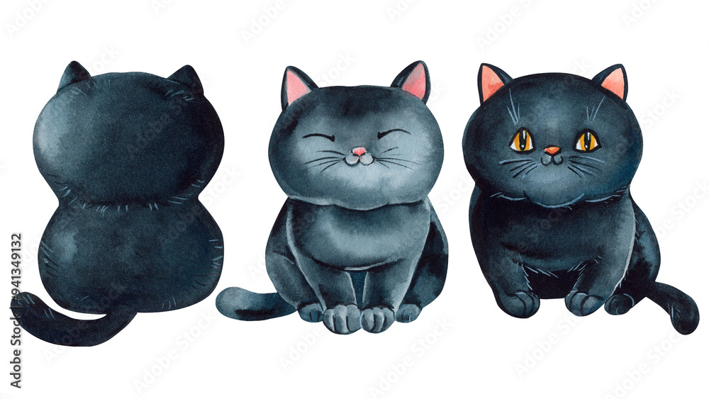 Cute black cat watercolor, Halloween black cats, Cartoon animal hand drawn illustration, Halloween black cat Cute black cat watercolor, Halloween black cats, Cartoon animal hand drawn illustration, Halloween black cat