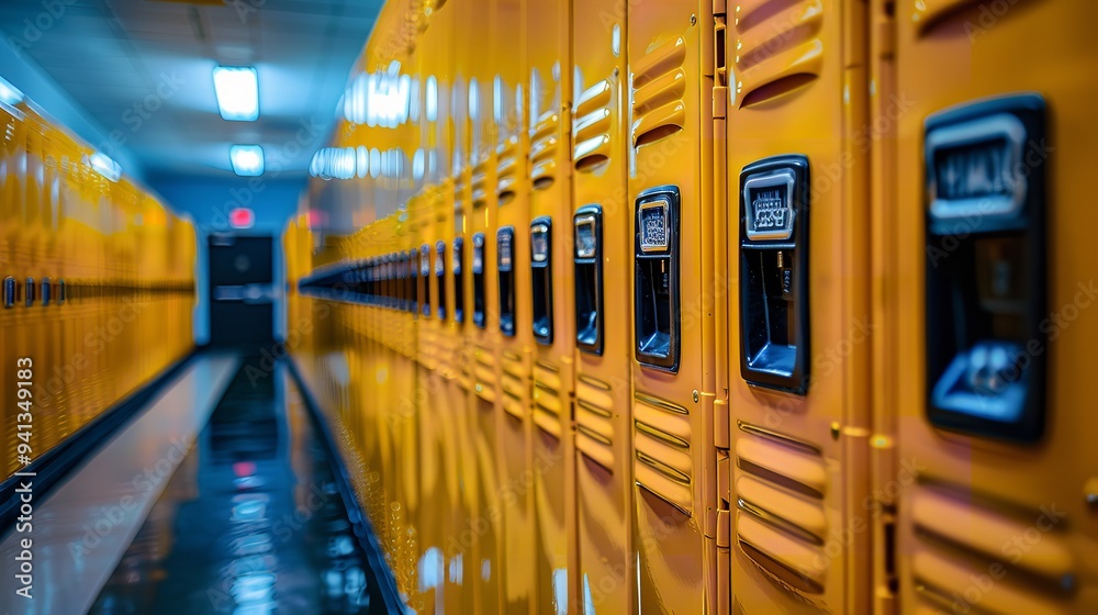 A close-up of two rows of yellow school lockers with a text-use area in the center or background use, Generative AI. A close-up of two rows of yellow school lockers with a text-use area in the center or background use, Generative AI.