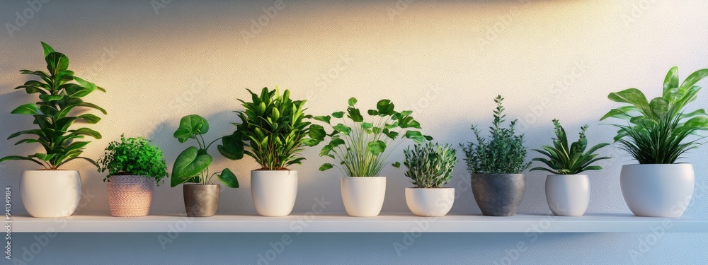 3D rendering of ornamental plants in pots displayed on a shelf for interior decor 3D rendering of ornamental plants in pots displayed on a shelf for interior decor