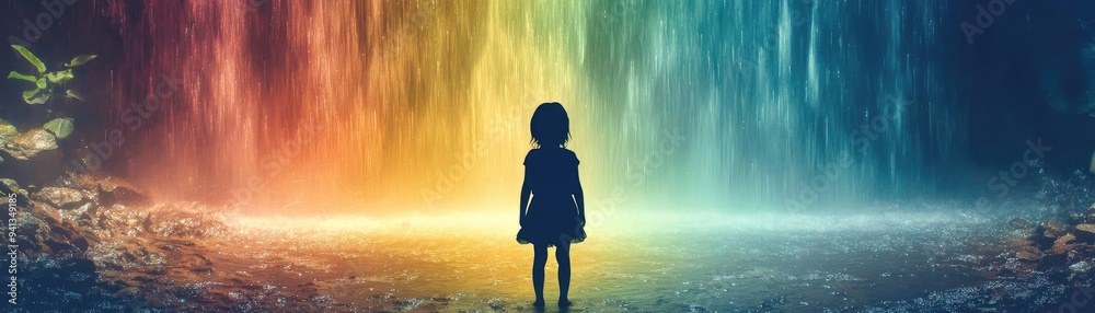 Fototapeta premium A silhouette of a child stands in awe before a vibrant, colorful waterfall, symbolizing wonder and exploration of nature's beauty.