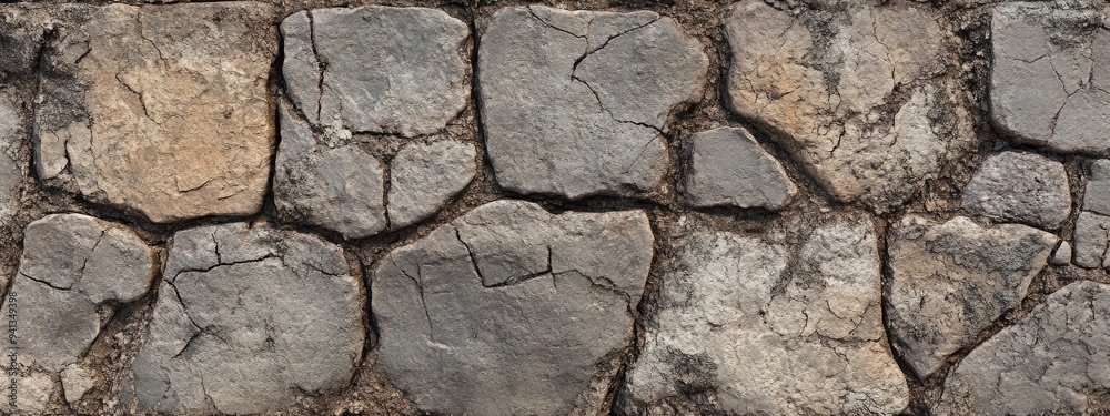 3D rendering of a cracked section of a stone and cobblestone wall showcasing close up details of aged or poorly constructed materials 3D rendering of a cracked section of a stone and cobblestone wall showcasing close up details of aged or poorly constructed materials