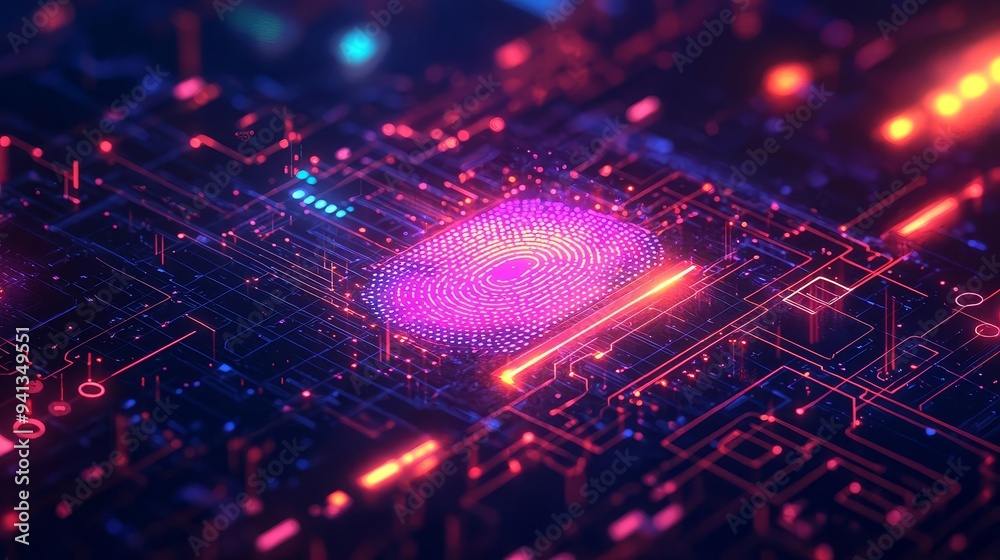 A digital representation of a fingerprint scan being authenticated, with a secure lock icon and abstract digital patterns A digital representation of a fingerprint scan being authenticated, with a secure lock icon and abstract digital patterns